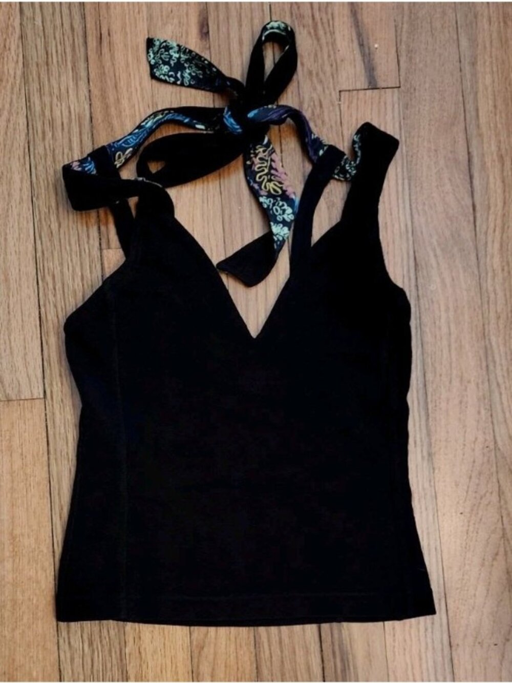 Free People Black Halter Top Tie Back Floral Deep Vneck Ribbed XS Open Back